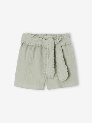 Meisjeshort van katoengaas met sierceintuur saliegroen