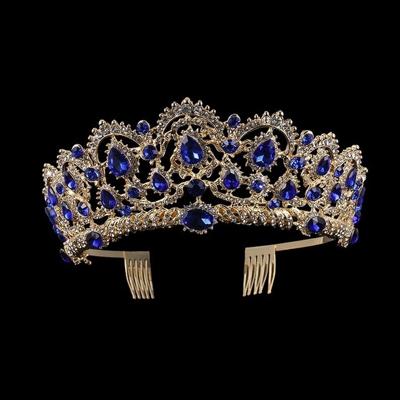 Crystal Tiaras Vintage Gold Rhinestone Pageant kroont met kam barokke bruiloft haaraccessoires (goud blauw)