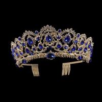 Crystal Tiaras Vintage Gold Rhinestone Pageant kroont met kam barokke bruiloft haaraccessoires (goud blauw)