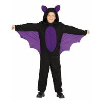 Halloween verkleed dierenpak vleermuis - kinderen - jumpsuit - zwart/paars - met vleugels