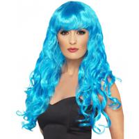 Carnaval verkleed dames pruik - krullen blauw - lang haar - heksenpruik - thumbnail