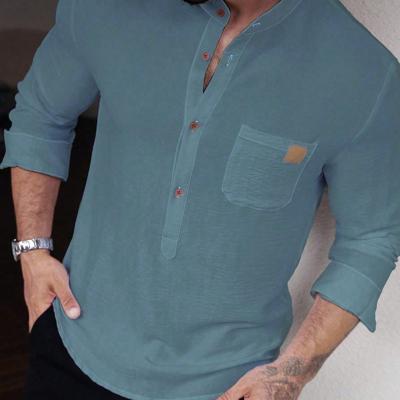 Bon&Bon Men's White Long Sleeve Button Up Shirt | Loose Fit Stand Collar Blue / L