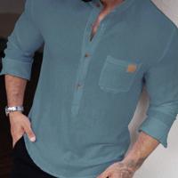 Bon&Bon Men's White Long Sleeve Button Up Shirt | Loose Fit Stand Collar Blue / L