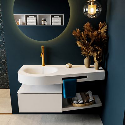 MONDIAZ RIVA 120cm badmeubel onderkast / planchet kleur Linen met 1 lade. Wastafel DULCET links 1 kraangat kleur Talc. MONDIAZ RIVA 120cm badmeubel onderkast / planchet kleur Linen met 1 lade. Wastafel DULCET links 1 kraangat kleur Talc.