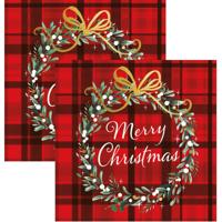 Kerst thema servetten - 40x st - rood geruit - 33 x 33 cm - Merry Christmas