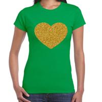 Verkleed T-shirt voor dames - groen - hartje - glitter goud - themafeest / foute party