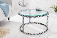Design salontafel CHAINS 65cm zilver handgemaakt metalen rond glazen blad kettingframe - 42235 - thumbnail