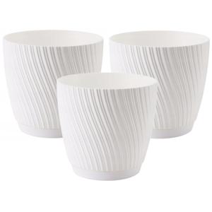 Form Plastic Plantenpot/bloempot Waves - 3x - kunststof - ivoor wit - D15 x H14 cm - met schotel