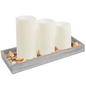 Houten dienblad met 3 LED kaarsen in de kleur wit 14 x 40 cm