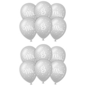 12x stuks Mr. & Mrs huwelijks feest ballonnen - zilver/wit - latex - ca 30 cm