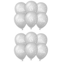 12x stuks Mr. & Mrs huwelijks feest ballonnen - zilver/wit - latex - ca 30 cm