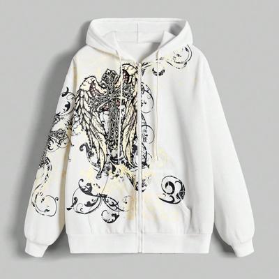 Bon&Bon Women's Grunge Punk Cross & Wings Graphic Zip-Up Hoodie White / M