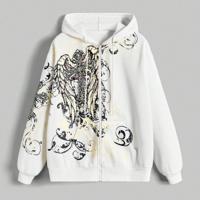 Bon&Bon Women's Grunge Punk Cross & Wings Graphic Zip-Up Hoodie White / M