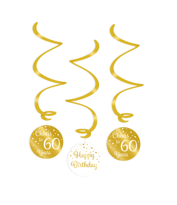 Hangdecoratie Swirls 60 Jaar Goud/Wit (3st)