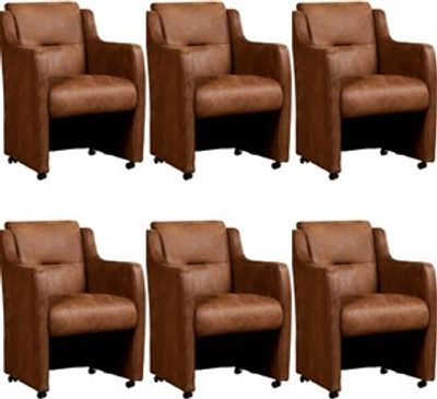 Set van 6 Bruine leren landelijke eetkamerfauteuils Mass - Kenia Leer Brown (bruin leer)