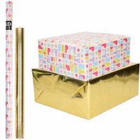 4x Rollen kraft inpakpapier happy birthday pakket - metallic goud 200 x 70/50 cm - Cadeaupapier