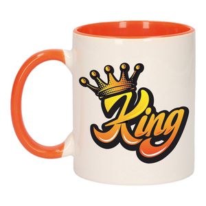 Mok/ beker wit en oranje Koningsdag King met kroon 300 ml - feest mokken