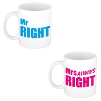 Mr right en mrs always right cadeau mok / beker wit met blauwe / roze blokletters 300 ml   -