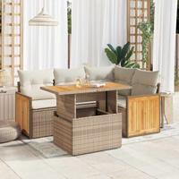 5-delige Loungeset met kussens poly rattan en acaciahout beige