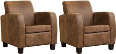 Set van 2 Bruine leren landelijke fauteuils Joy - poot hout bruin - Kenia Leer Brown (bruin leer)