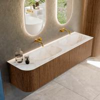 Mondiaz KURVE-DLUX 175 cm Onderkast Greeploos 2 Lades Met Deuren Walnut, Wastafel Solid Surface Rechts Frappe 0 Kraangaten Zonder Spiegel (KRVSTS175L2L1D0KD-Wal/Fra)