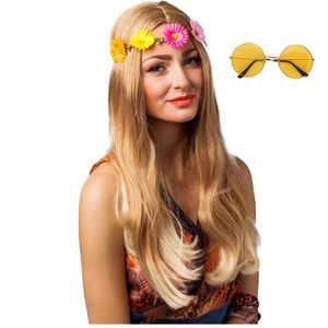 Hippie Flower Power Sixties verkleed set hoofdband met gele party bril