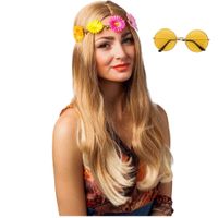 Hippie Flower Power Sixties verkleed set hoofdband met gele party bril - thumbnail