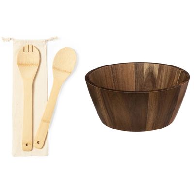 Secret de Gourmet Slakom/Serveerschaal met bamboe slacouvert - Acacia hout - D28 cm Secret de Gourmet Slakom/Serveerschaal met bamboe slacouvert - Acacia hout - D28 cm