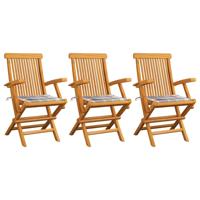 Tuinstoelen 3 st met grijs geruite kussens massief teakhout