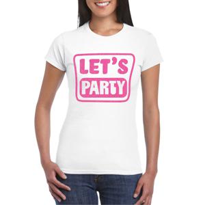 Verkleed T-shirt voor dames - lets party - wit - glitter roze - carnaval/themafeest