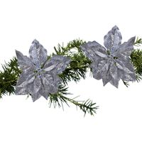 2x stuks kerstboom decoratie bloemen zilver glitter op clip 23 cm - Kersthangers - thumbnail