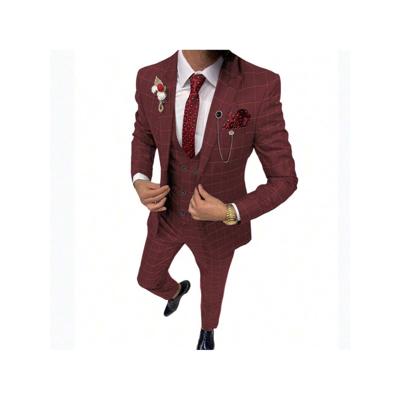 Bon&Bon Men's 3-Piece Plaid Suit - Grey Slim Fit Wedding & Business Suit Burgundy / XL