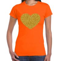 Verkleed T-shirt voor dames - oranje - hartje - glitter goud - themafeest / Koningsdag