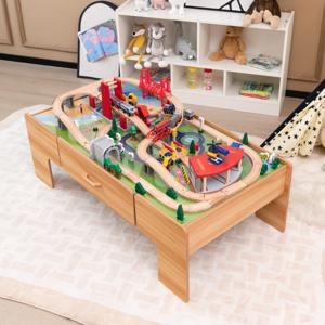100-Delige Trein Set Tafel Multifunctionele Houten Kinder Tafel met Omkeerbaar Tafelblad Creatieve Trein en Spoor Speelset voor Kinderen van 3 +