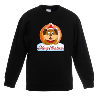 Kersttrui sweater - voor kinderen - Merry Christmas hond kerstbal - zwart - Kerstkleding