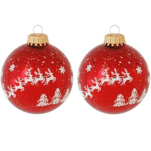 8x Luxe rode glazen kerstballen met rendier opdruk 7 cm kerstversiering