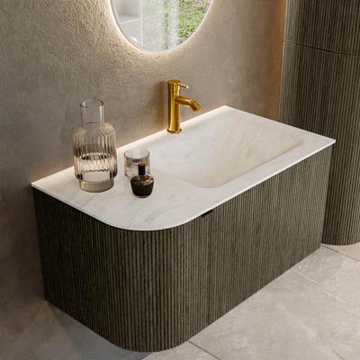Badmeubel Mondiaz Kurve-Dlux | 85 cm cm | Meubelkleur Shadow | Wastafelkleur Opalo | Solid surface | Wasbak rechter zijde spoelbak | 1 kraangat