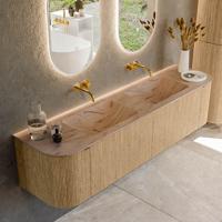 Badmeubel Mondiaz Kurve-Dlux | 180 cm | Meubelkleur Oak | Wastafelkleur Arena | Solid surface | Wasbak beide zijden spoelbak | Zonder kraangat(en)