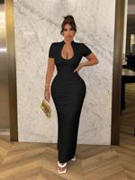 Black Ruched V-Neck Bodycon Maxi Dress | Elegant Short Sleeve Black / XS