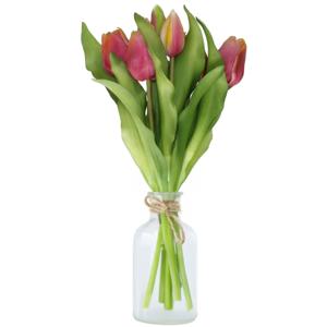 Kunst tulpen boeket Vermeer - 7x stuks - geel/paars - real touch - 31 cm - kunst zijdebloemen