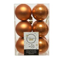 12x stuks kunststof kerstballen cognac bruin (amber) 6 cm glans/mat - thumbnail