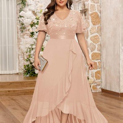 Bon&Bon Plus Size Navy Blue Sequin Lace V-Neck Formal Evening Gown Champagne / 3XL