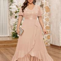 Bon&Bon Plus Size Navy Blue Sequin Lace V-Neck Formal Evening Gown Champagne / 3XL