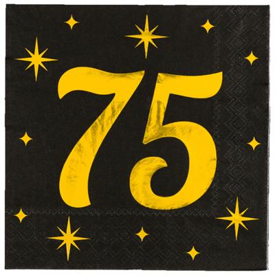 Verjaardag feest servetten - leeftijd 75 jaar - 16x stuks - zwart/goud - sterren - 33 x 33 cm