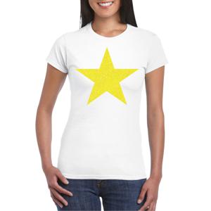 Verkleed T-shirt voor dames - ster - wit - geel glitter - carnaval/themafeest