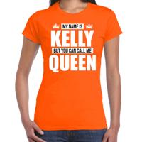 Naam cadeau t-shirt - my name is Kelly - but you can call me Queen - oranje - dames - koningsdag