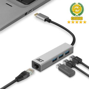 ACT AC7055 USB Hub USB-C 3.1 Gen1 (USB 3.0) - 3x USB A (f) 1x Ethernet Poort - 15 cm