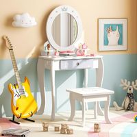 Make-Uptafel voor Kinderen 2-In-1 Kaptafel van Hout met Kruk Afneembare Spiegel Laden en Accessoires Kinderkaptafel voor Kinderen 3+