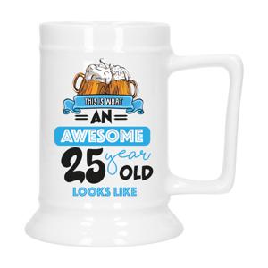 Cadeau Bierpul voor 25 jaar - blauw - grappige leeftijd bierpul - keramiek - 530 ml