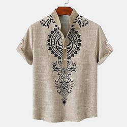 Etnisch Casual Tribal Voor heren linnen overhemd Henley-shirt Dagelijks Vakantie Zomer Lente Mandarijn Kraag Korte mouw Groen, Khaki, Beige S, M, L 20%linnen20%cellulose60%polyester Overhemd Lightinthebox